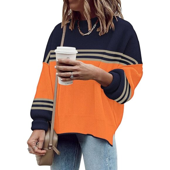 Women's Pumpkin Batwing Long Sleeve Crew Neck Striped Oversized Pullover Sweater - Picture 2 of 5